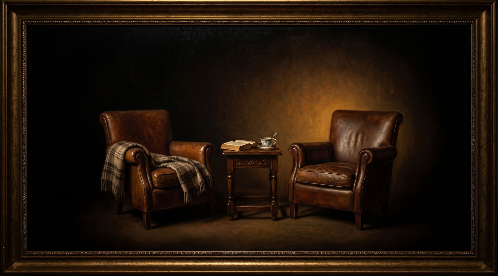 Conceptual illustration of two classic armchairs in a warm light, symbolizing family privacy and calm conversation at home.