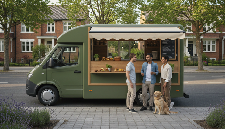 Wide-angle view of a food truck serving customers on a sunny neighborhood street