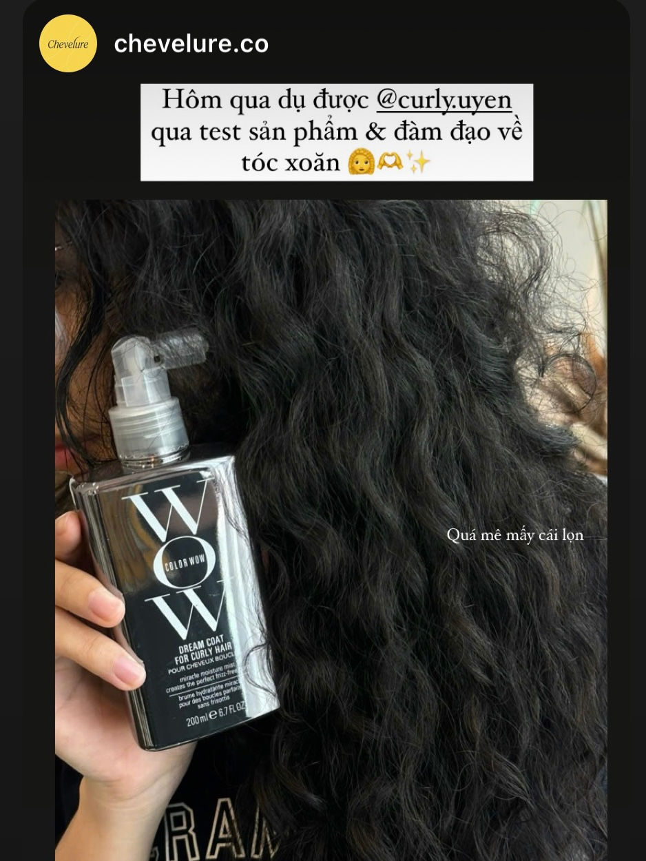 Hand holding a "WOW" bottle for curly hair, with long black curls in the background. Text on top and bottom displays product details.