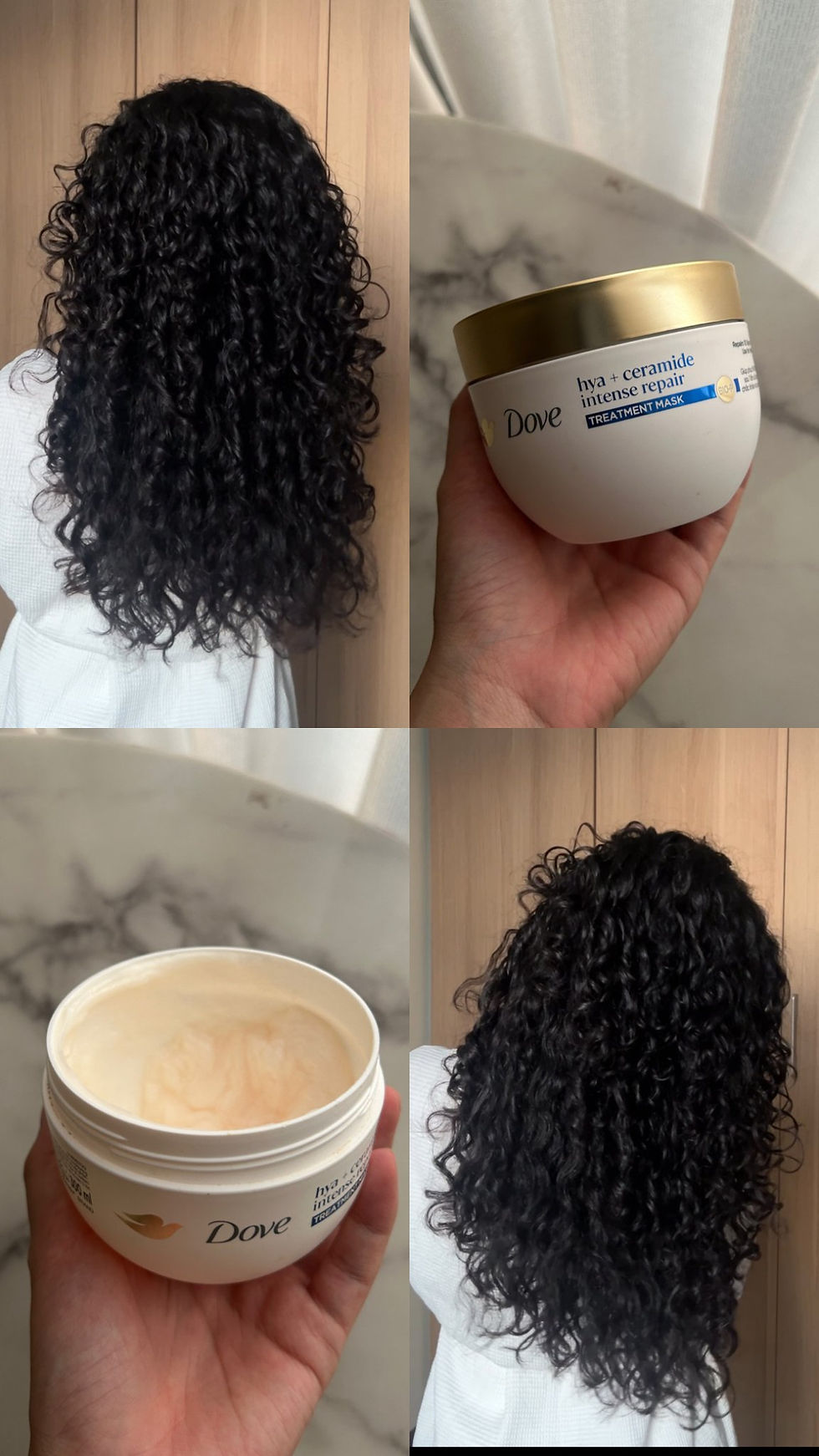 Collage of long black curly hair and a Dove HYA+ceramide Intense Repair treatment mask in a bathroom setting