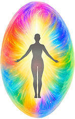 A light-grey silhouette of a woman is enveloped in a radiant, multicoloured aura. The aura is oval shaped and completely surrounds her about 3 feet out from her body in all directions.