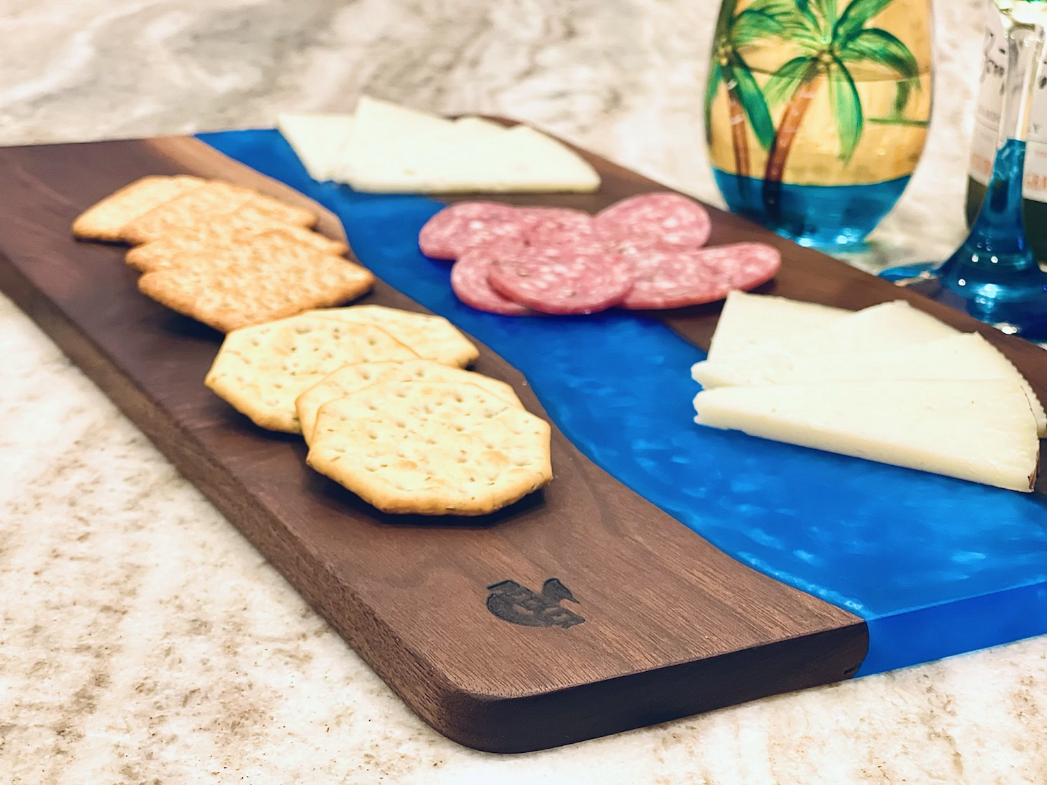 Cobalt Ocean & Black Walnut Live Edge Charcuterie River Serving Board
