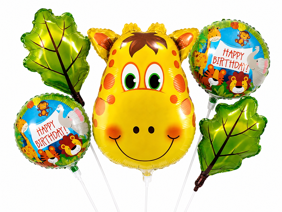 ჯუნგლების ცხოველების, ჟირაფის ფიგურისა და Happy Birthday წარწერის მქონე ფოლგირებული ბუშტების ნაკრები.