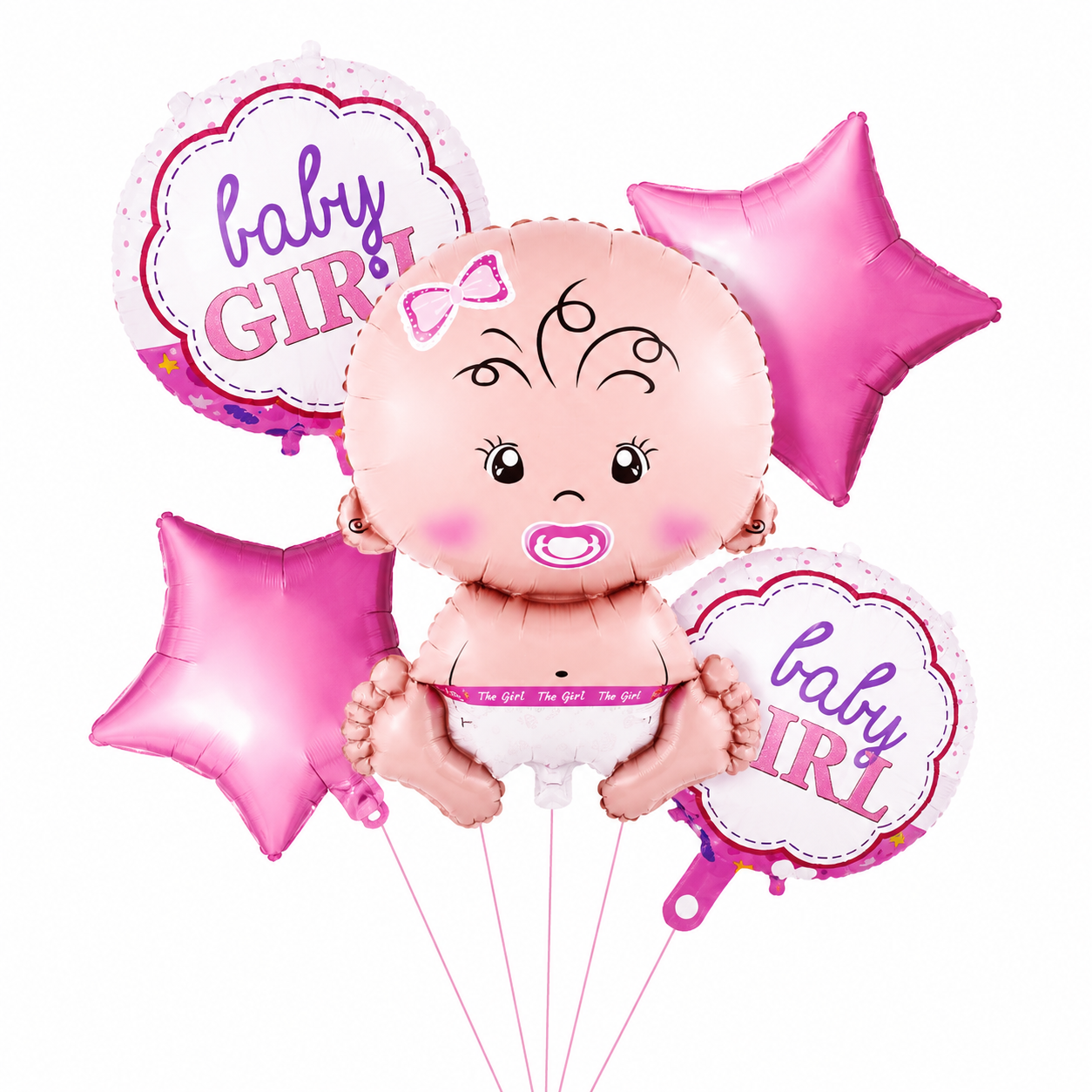 „Baby Girl“ ბუშტების ნაკრები, რომელიც მოიცავს გოგონას ფორმის ბუშტს, ორ ვარდისფერ ვარსკვლავს და ორ თემატურ მრგვალ ბუშტს.