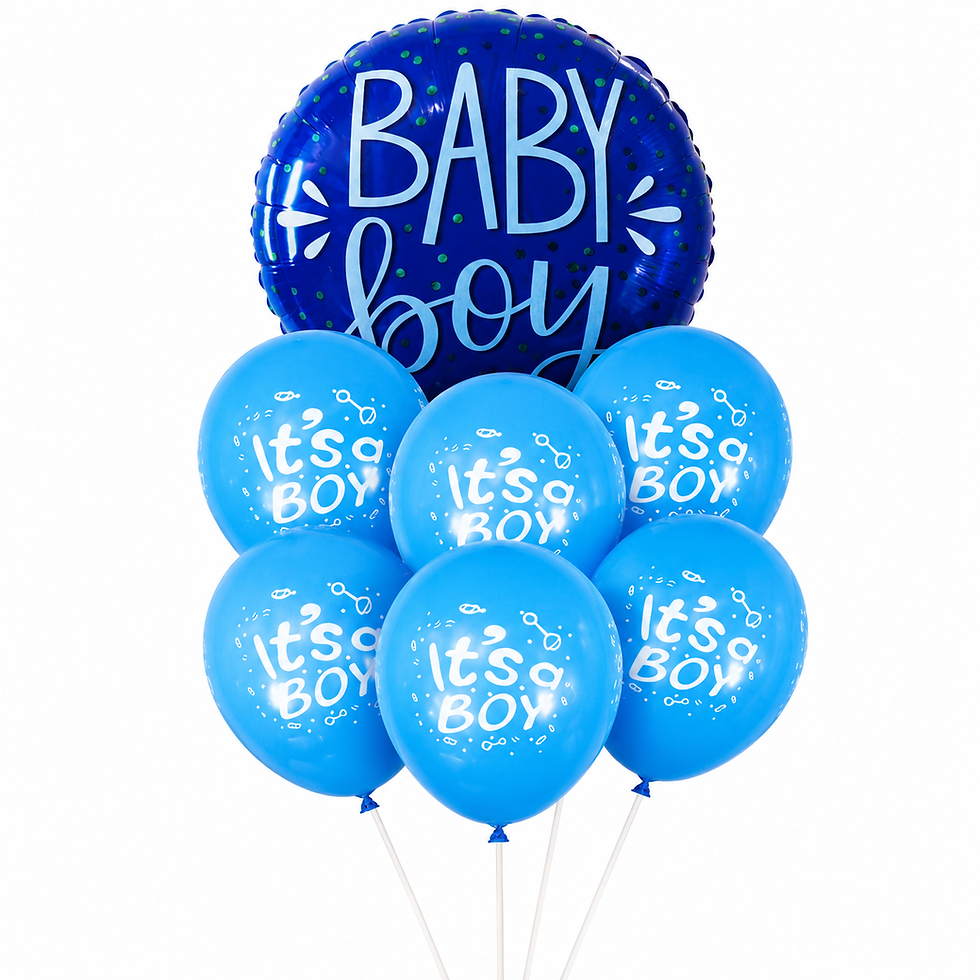„Baby Boy“ ბუშტების ნაკრები, რომელიც მოიცავს ერთ დიდ ფოლგის ბუშტს და ხუთ ცისფერ ლატექსის ბუშტს „It's a Boy“ წარწერით.