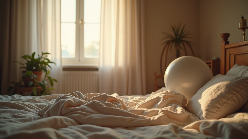 Eye-level view of a cozy birthing room with soft lighting and a birthing ball