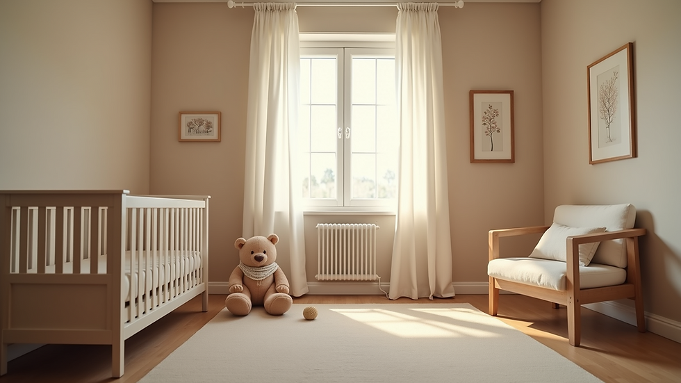 Eye-level view of a cozy nursery with a crib and soft lighting