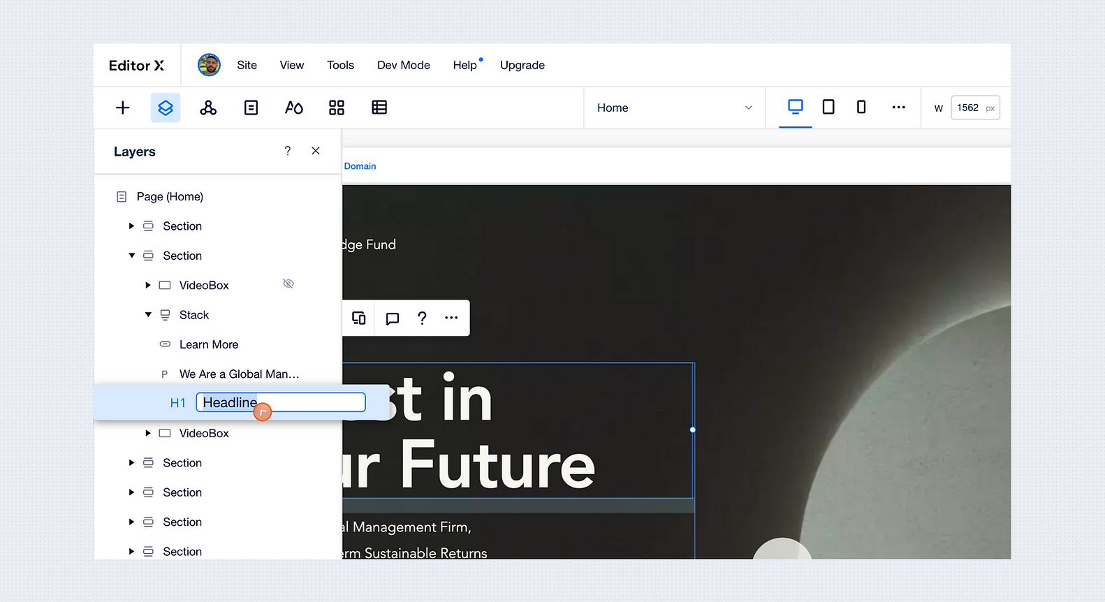Editor X layers panel with different sections and elements listed below