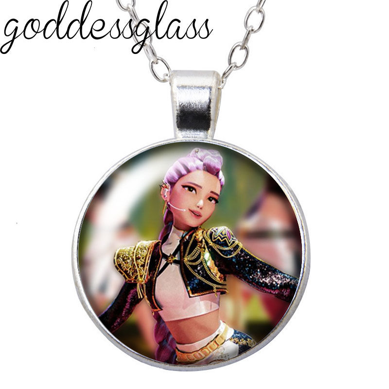 Thumbnail: Silver goddessglass necklace with K-Pop girl pendant, purple hair, detailed jacket.