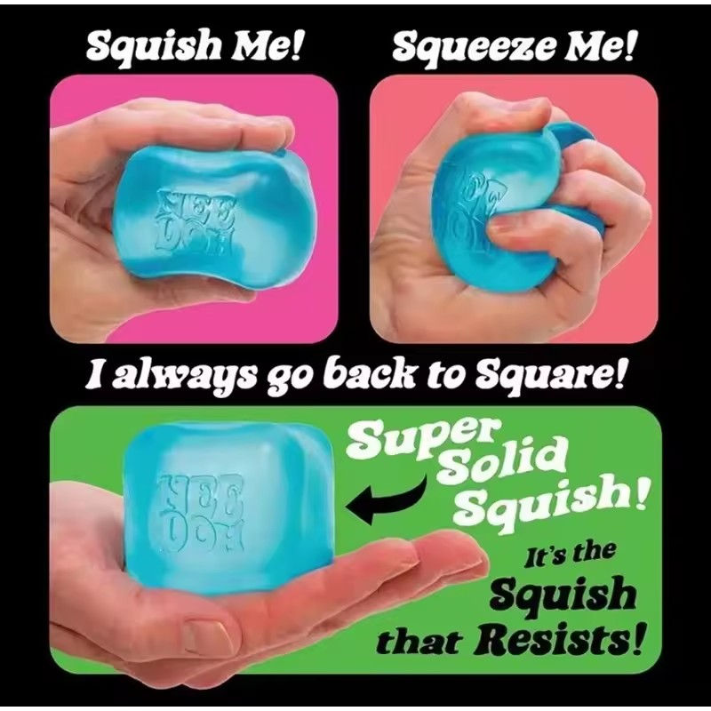 Thumbnail: Squeezing and squishing blue NeeDoh Nice Cube sensory toys.