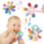 Baby chews colorful sensory teether, multiple infant toys with musical notes.