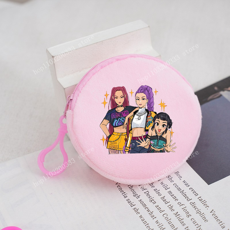 Thumbnail: Pink circular coin purse featuring three animated K-pop girl group members.