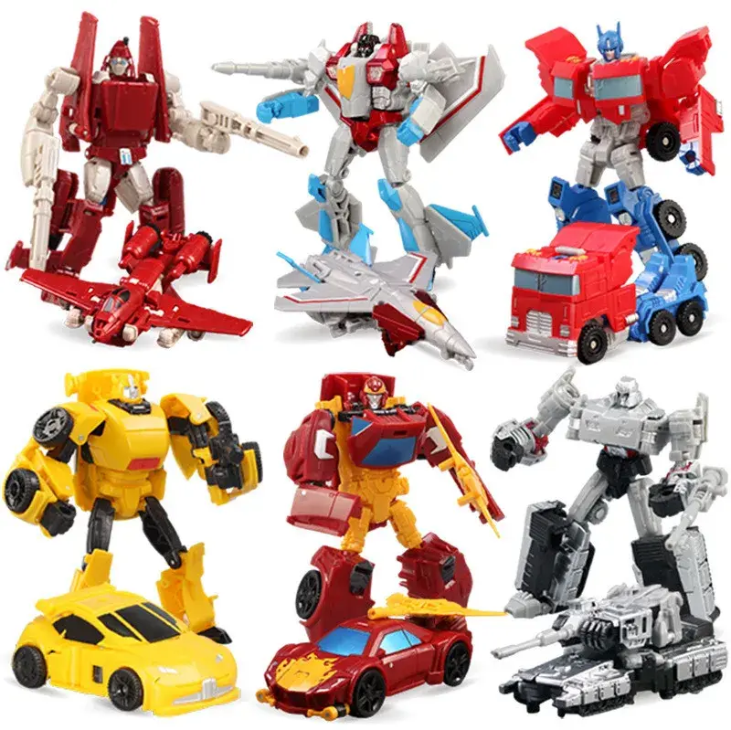 Six transforming robot toys: Optimus Prime, Bumblebee, Starscream