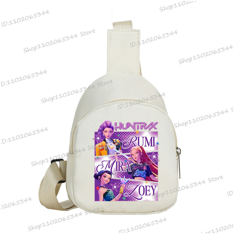 Thumbnail: White sling bag with HUNTRAX, RUMI, MIRI, ZOEY characters printed.