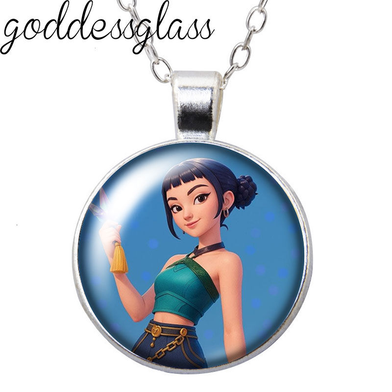 Thumbnail: Silver pendant, goddessglass, cartoon girl holding glowing object, blue background.