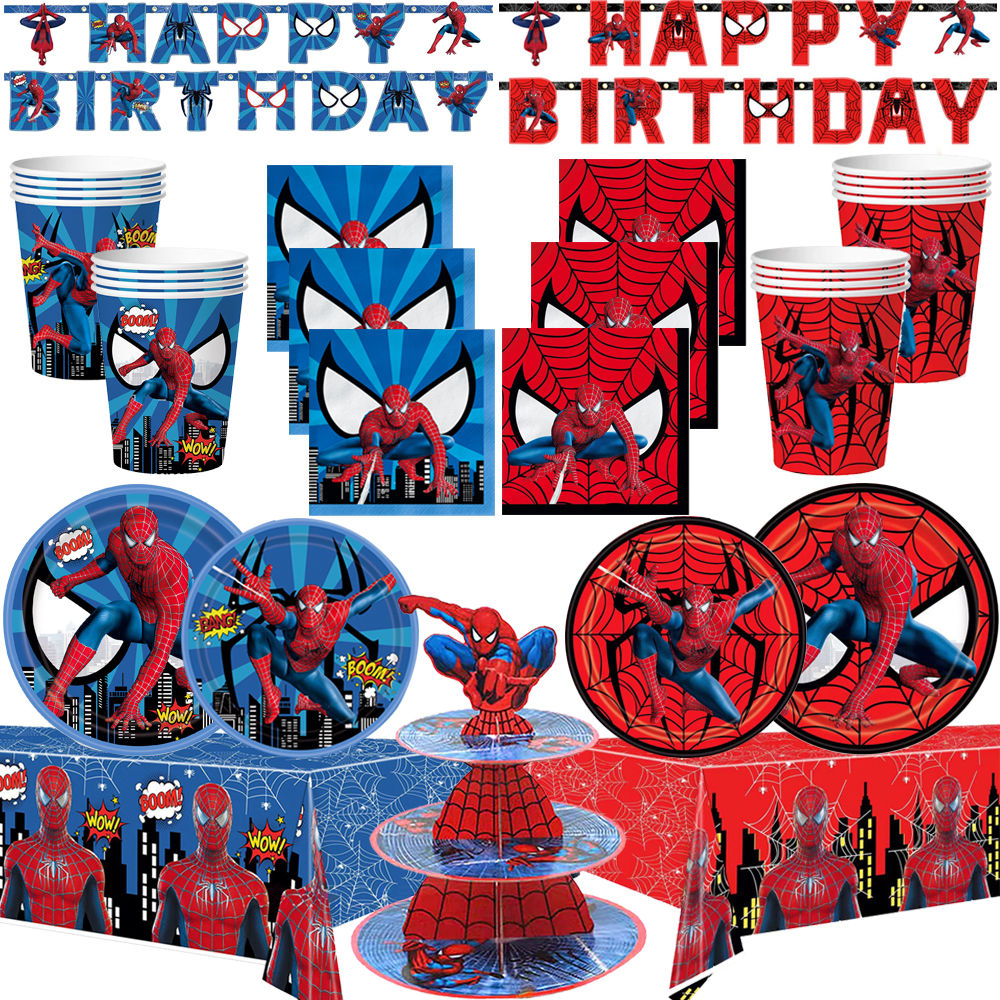 Cartoon Spider Theme Birthday Party Decoration Blue Red Spider Tableware Set Ban