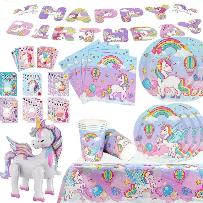Unicorn themed birthday party supplies set with banner.