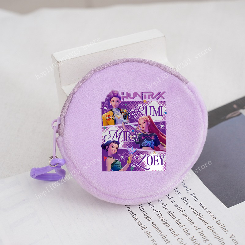Thumbnail: Light purple round coin purse, HUNTER RUMI JAZMIN ZOEY animated characters design.