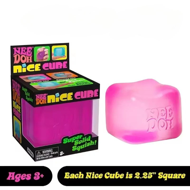 Thumbnail: Pink NeeDoh Nice Cube sensory toy with its packaging.