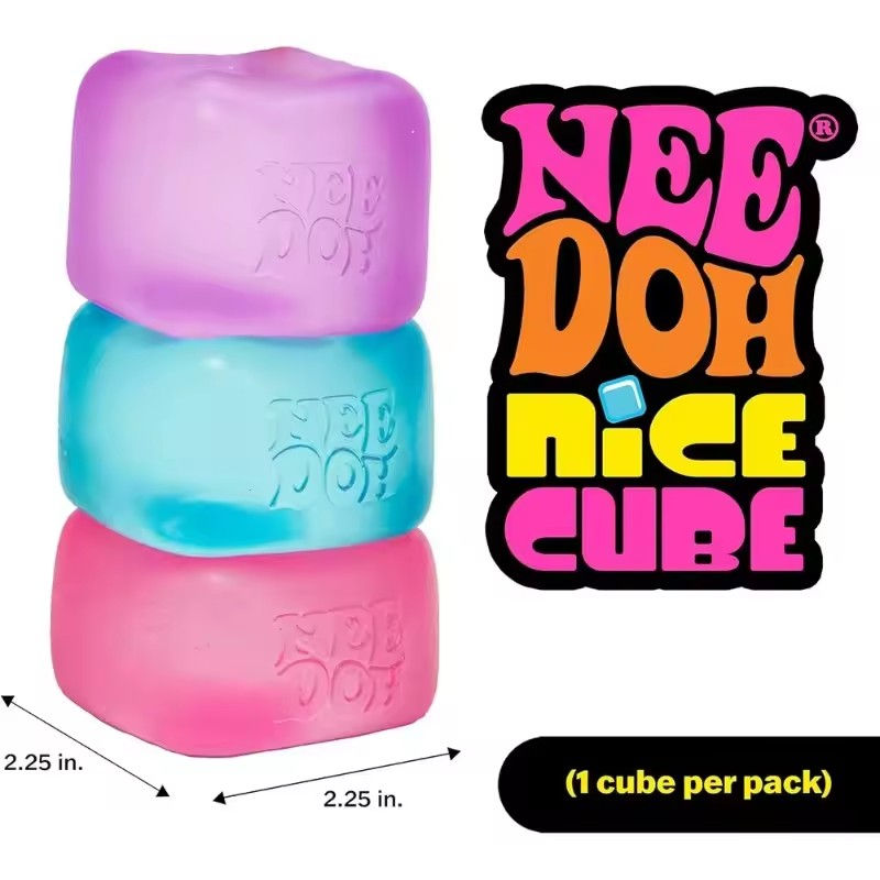 Thumbnail: Stack of NeeDoh Nice Cube sensory toys in three colors.