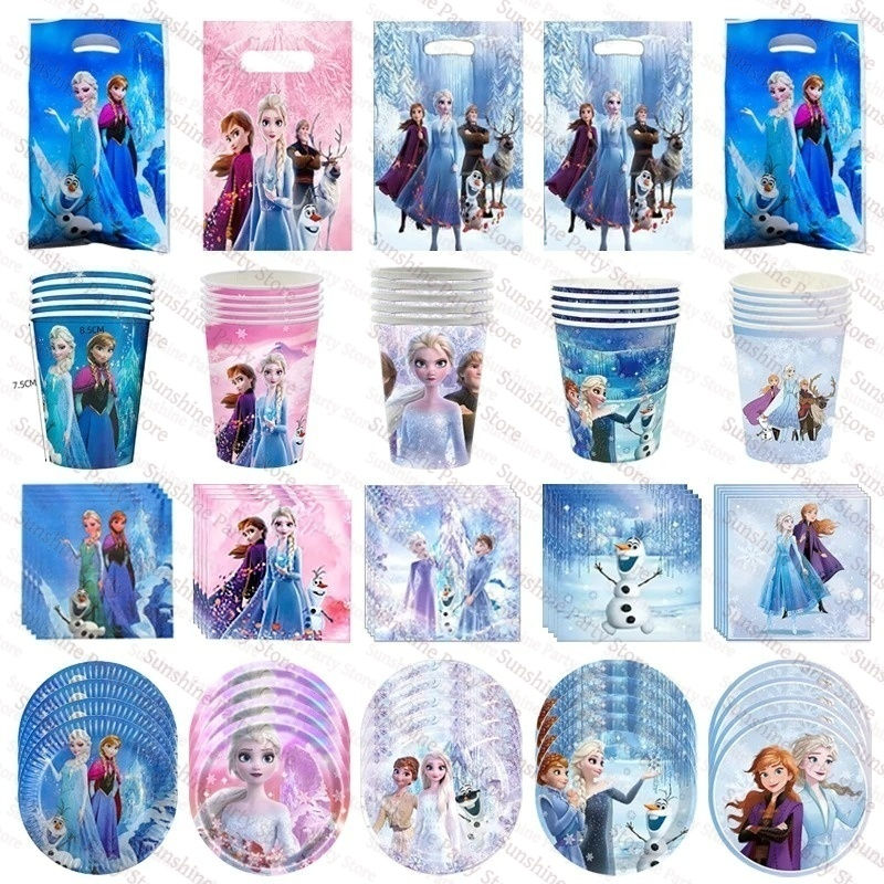 Disney Frozen themed party bags, cups, napkins, and plates