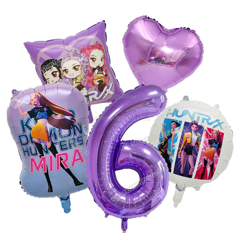 Thumbnail: Purple Kpop Demon Hunters Mira, Huntrax birthday balloons, number 6, heart.