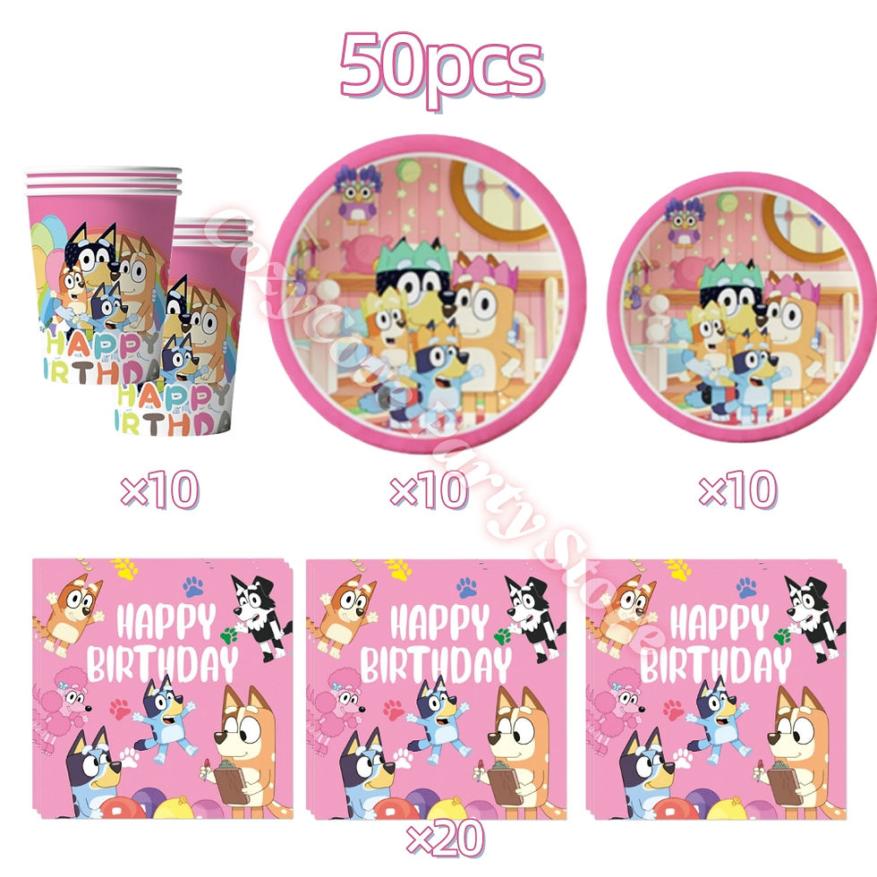 Thumbnail: Pink Bluey birthday party set with cups, plates, napkins.