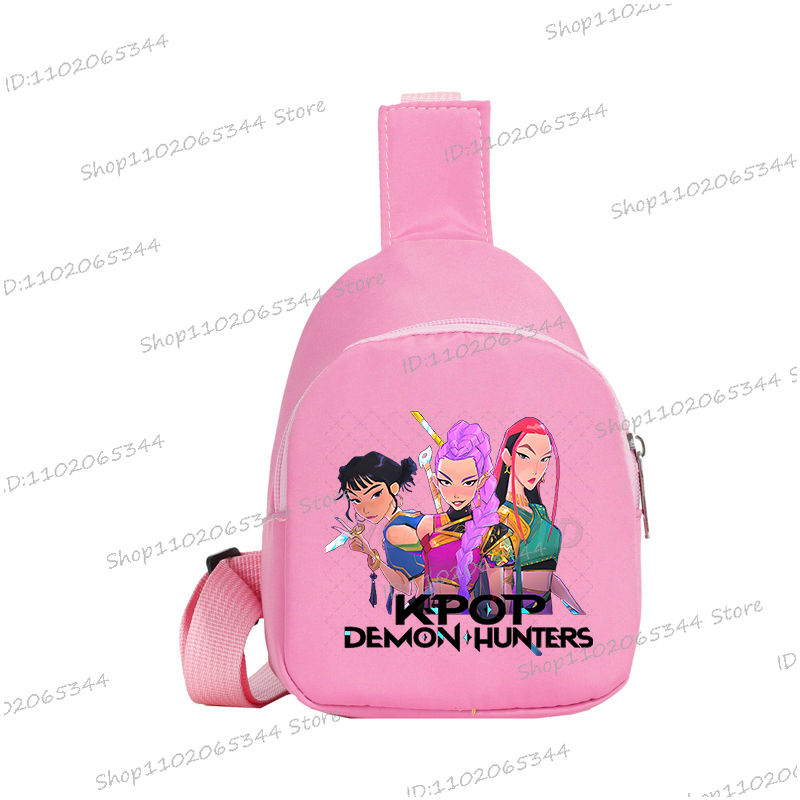 Thumbnail: Pink sling bag, K-POP DEMON HUNTERS with three animated female characters.