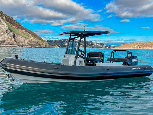 A black BRIG boat with a canopy floats on clear blue water, mountainous shoreline in background. This is the BRIG Navigator 24