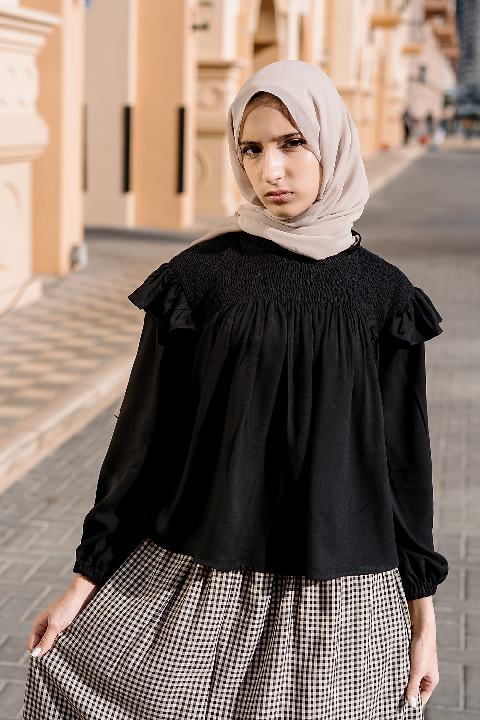Thumbnail: Rayon Check skirt and blouse set