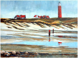 vuurtoren strandje acryl op doek 60x80