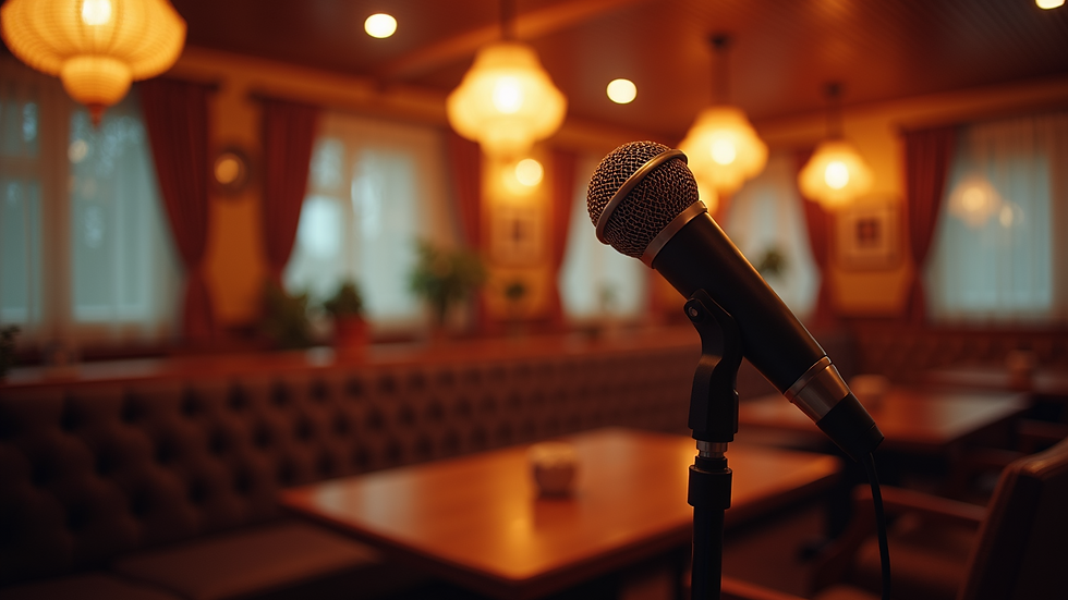 Eye-level view of a cozy karaoke room with microphone and speakers