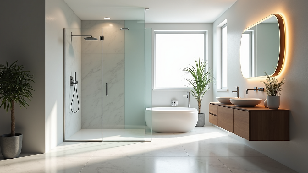 Eye-level view of a modern bathroom featuring custom frameless shower doors