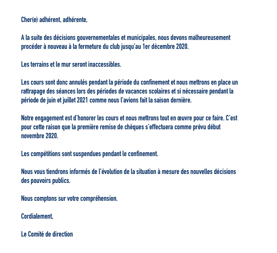 💡 Reconfinement national et fermeture temporaire du club 💡