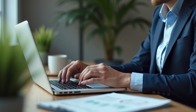 High angle view of a business owner updating data protection policies on a laptop
