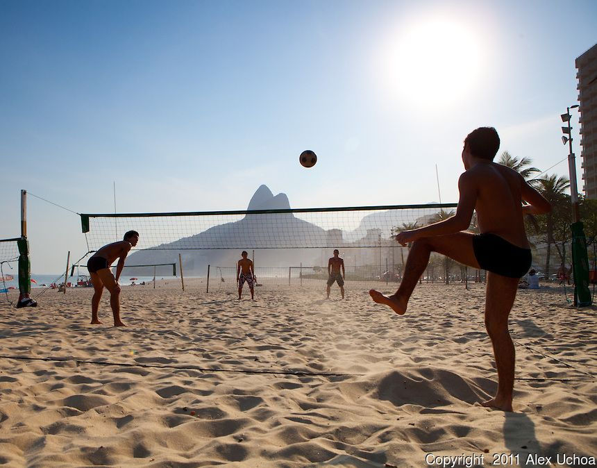 High angle view of Ipanema beach footvolley court with players and spectators
