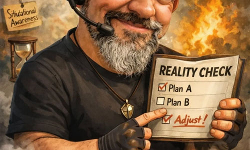 Man with headset, holding "Reality Check" clipboard with adjusted plans. Background has fire, trees, and bullseye. Chess pieces, knife, and cup labeled "Coach" on table.