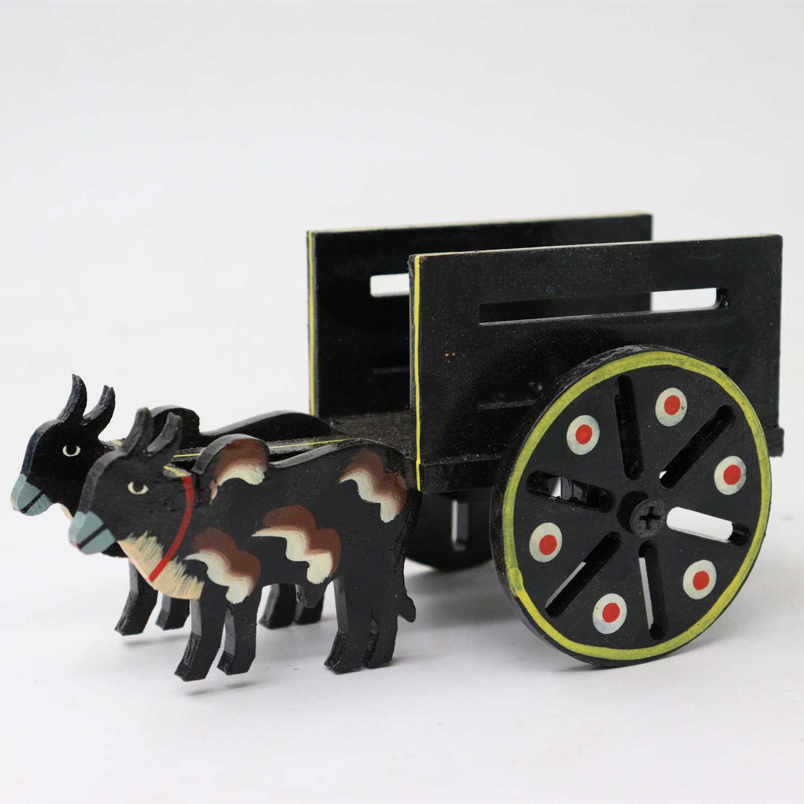 Handcrafted black wooden lacquerware bullock cart toy