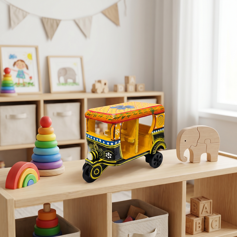 Thumbnail: Handcrafted wooden green and orange auto rickshaw showpiece.