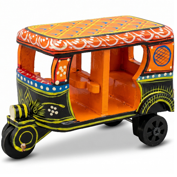 Hand-painted wooden lacquerware auto rickshaw toy