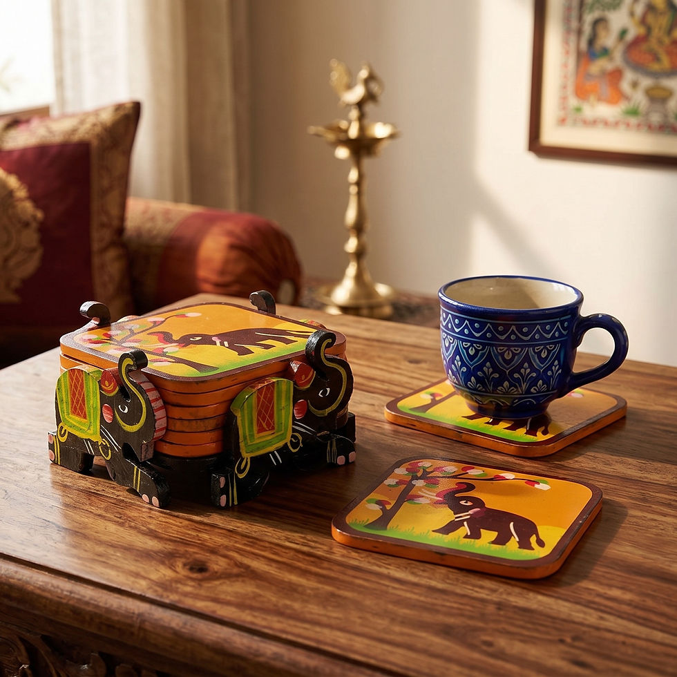Green and orange elephant Rickshaw coaster set on wood table