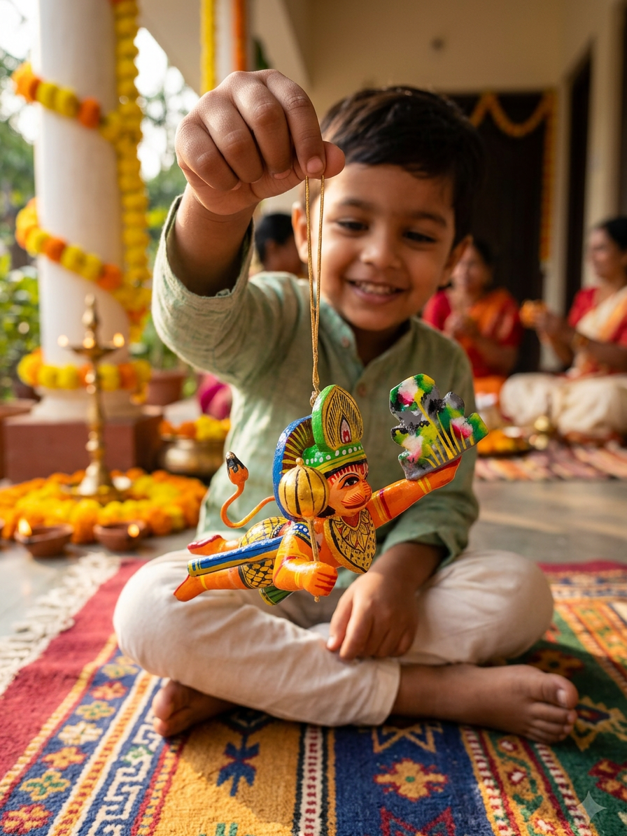 Thumbnail: A boy holding a handcrafted Hanuman wooden lacquerware idol.