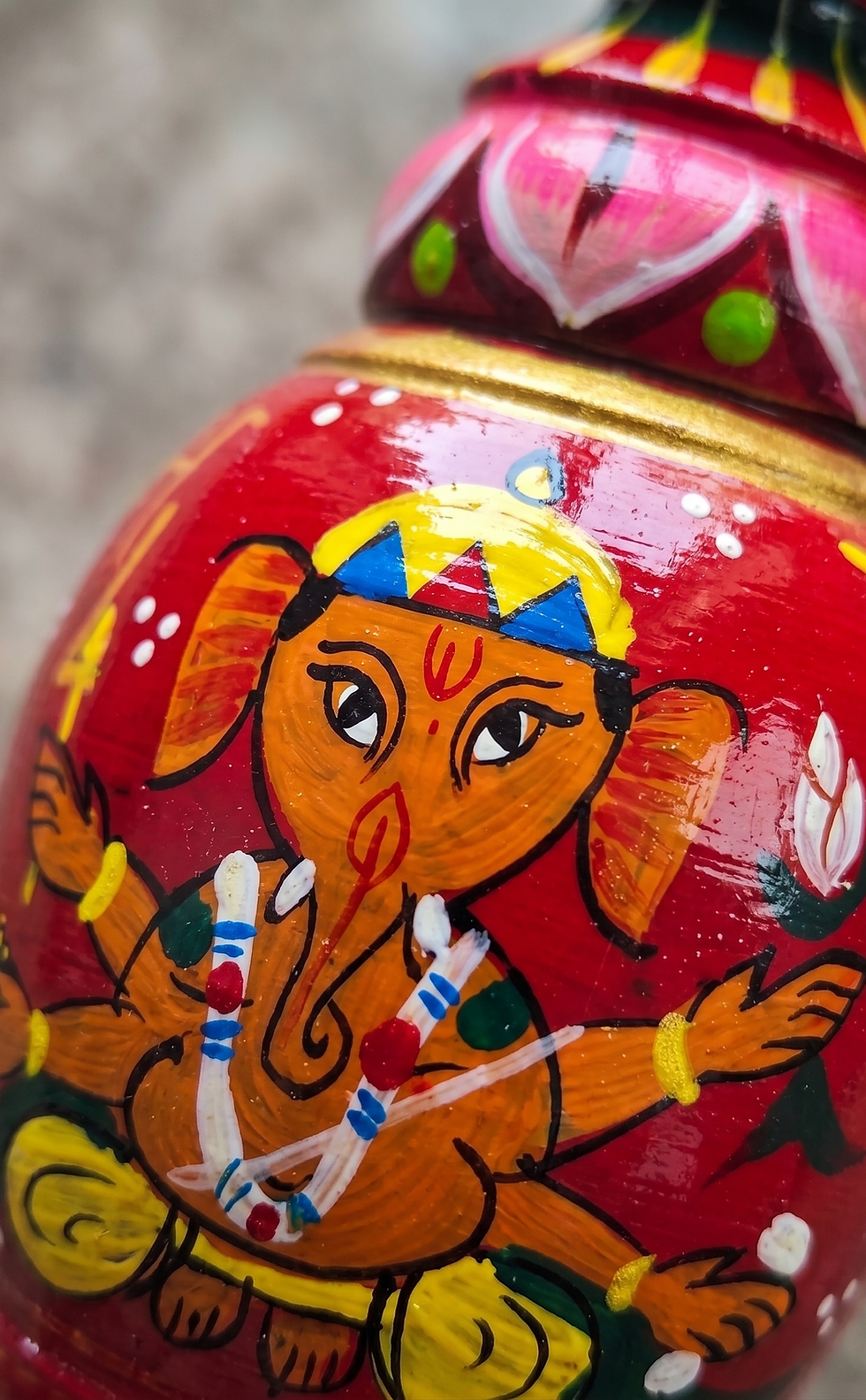 Hand painted Lord Ganesha detail on Balaji Handicraft wood.