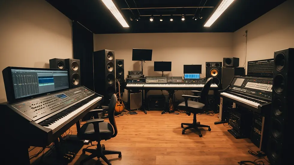 Eye-level view of a music studio filled with diverse instruments