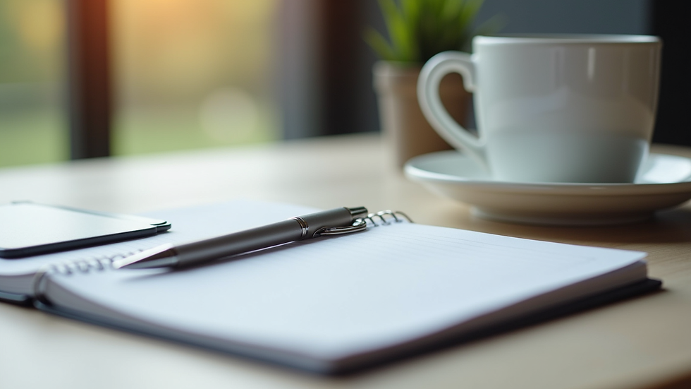 Close-up view of a notebook and pen on a desk with a coffee cup, symbolizing planning and goal setting
