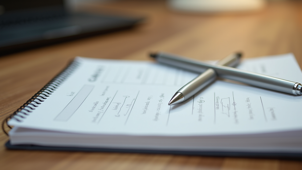 Close-up view of a notebook with coaching notes and a pen on a wooden table