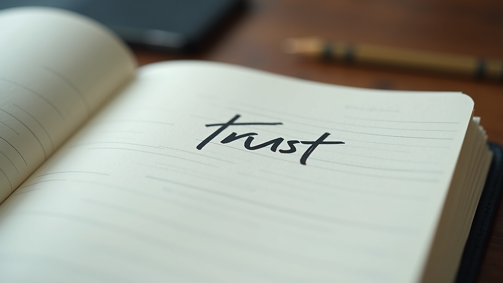 Close-up view of a notebook with handwritten notes on communication and trust