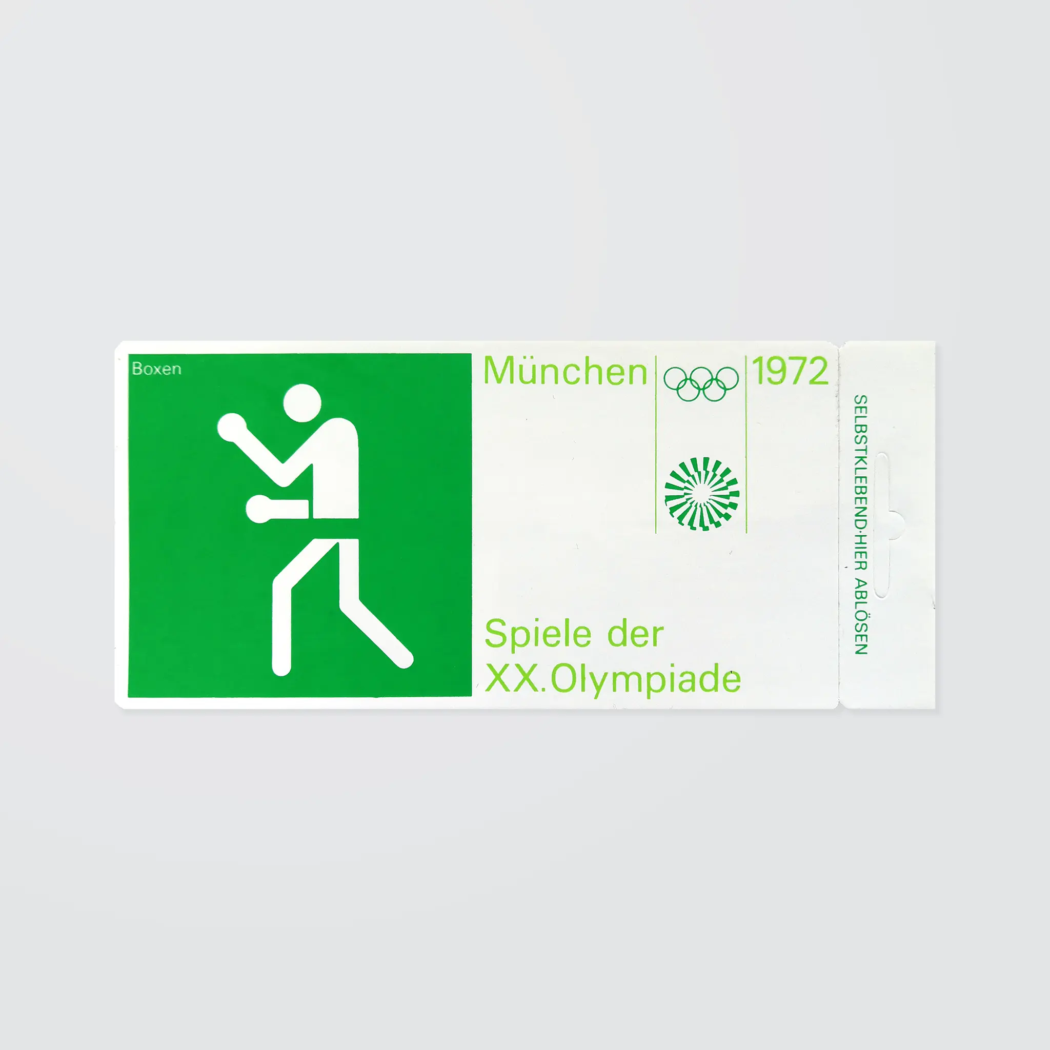 A souvenir sticker with a pictogram depicting the boxing events of the Munich 1972 Olympic Games. 