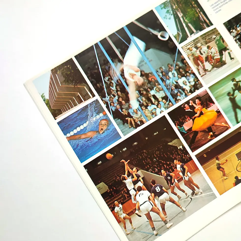 Collage of sports and activities: swimming, gymnastics, basketball, and dancing. Includes a building and crowd. Energetic atmosphere.
