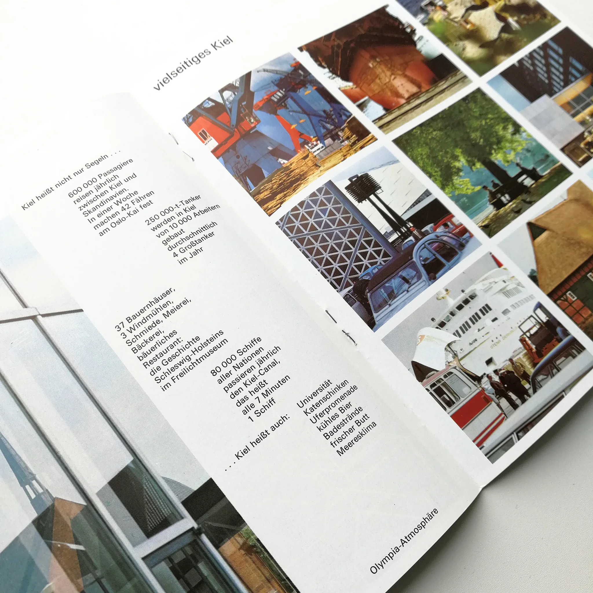 Brochure about Kiel featuring colorful images of landmarks and activities. Text highlights Kiel’s attractions and key statistics.
